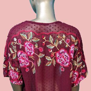 Rosa Jardin Merlot Red Floral Embroidered Kimono Preowned